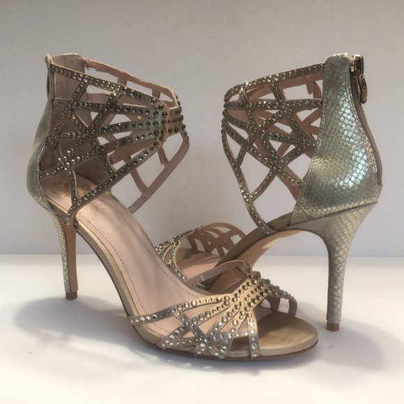 Vince Camuto Metallic Gold Open Toe Rhinestone Back Zip Heels size 8.5M - Picture 2 of 16